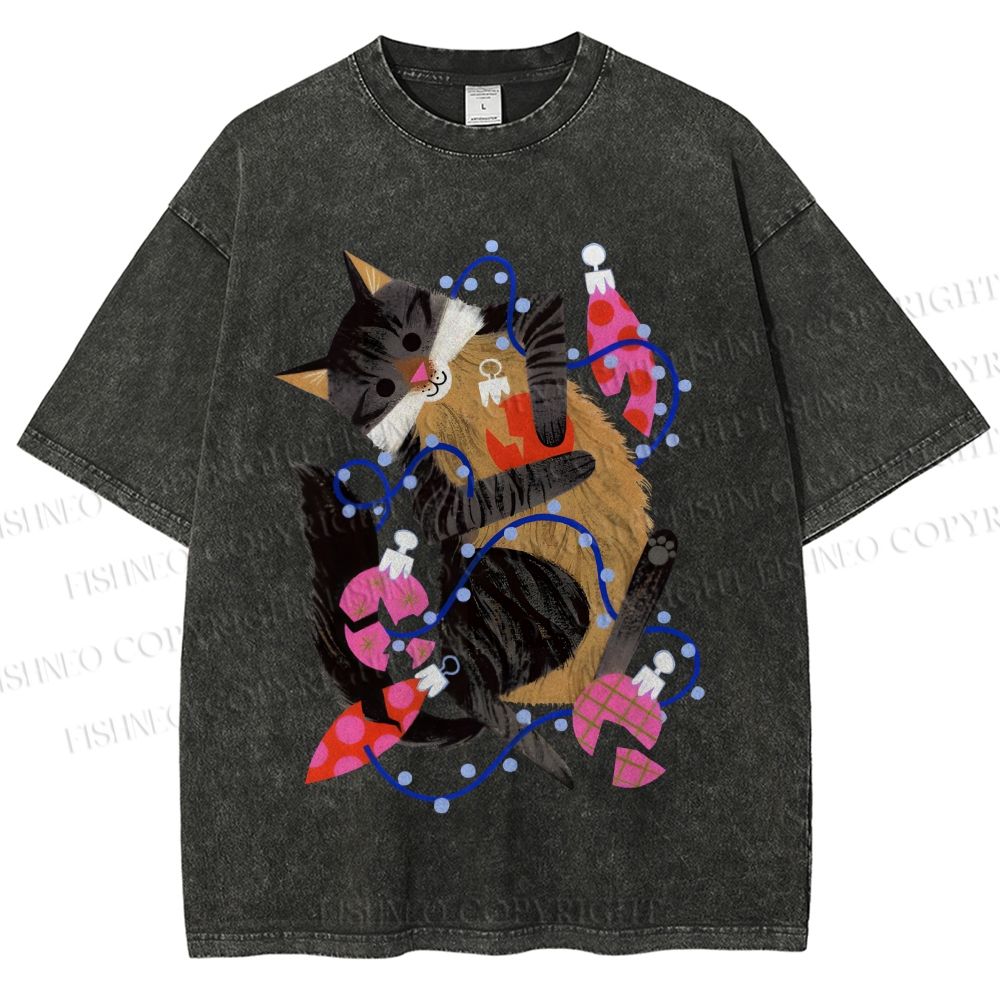 Unisex Cat Wrapped in Christmas Lights Printed Washed Tee
