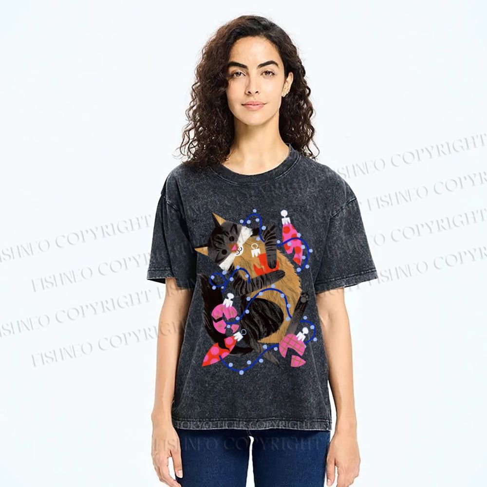 Unisex Cat Wrapped in Christmas Lights Printed Washed Tee