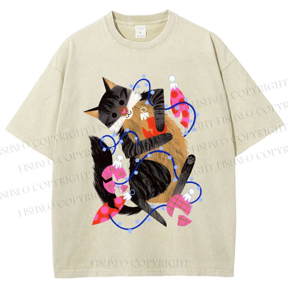 Unisex Cat Wrapped in Christmas Lights Printed Washed Tee