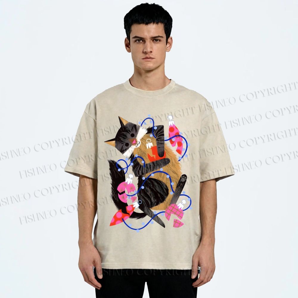 Unisex Cat Wrapped in Christmas Lights Printed Washed Tee