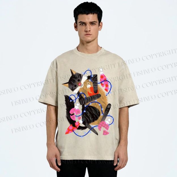 Unisex Cat Wrapped in Christmas Lights Printed Washed Tee