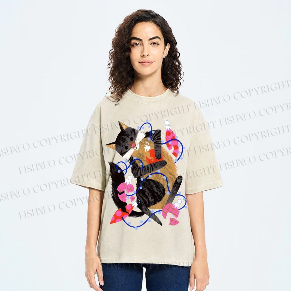 Unisex Cat Wrapped in Christmas Lights Printed Washed Tee