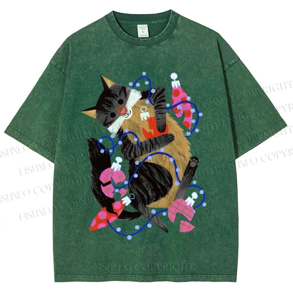 Unisex Cat Wrapped in Christmas Lights Printed Washed Tee