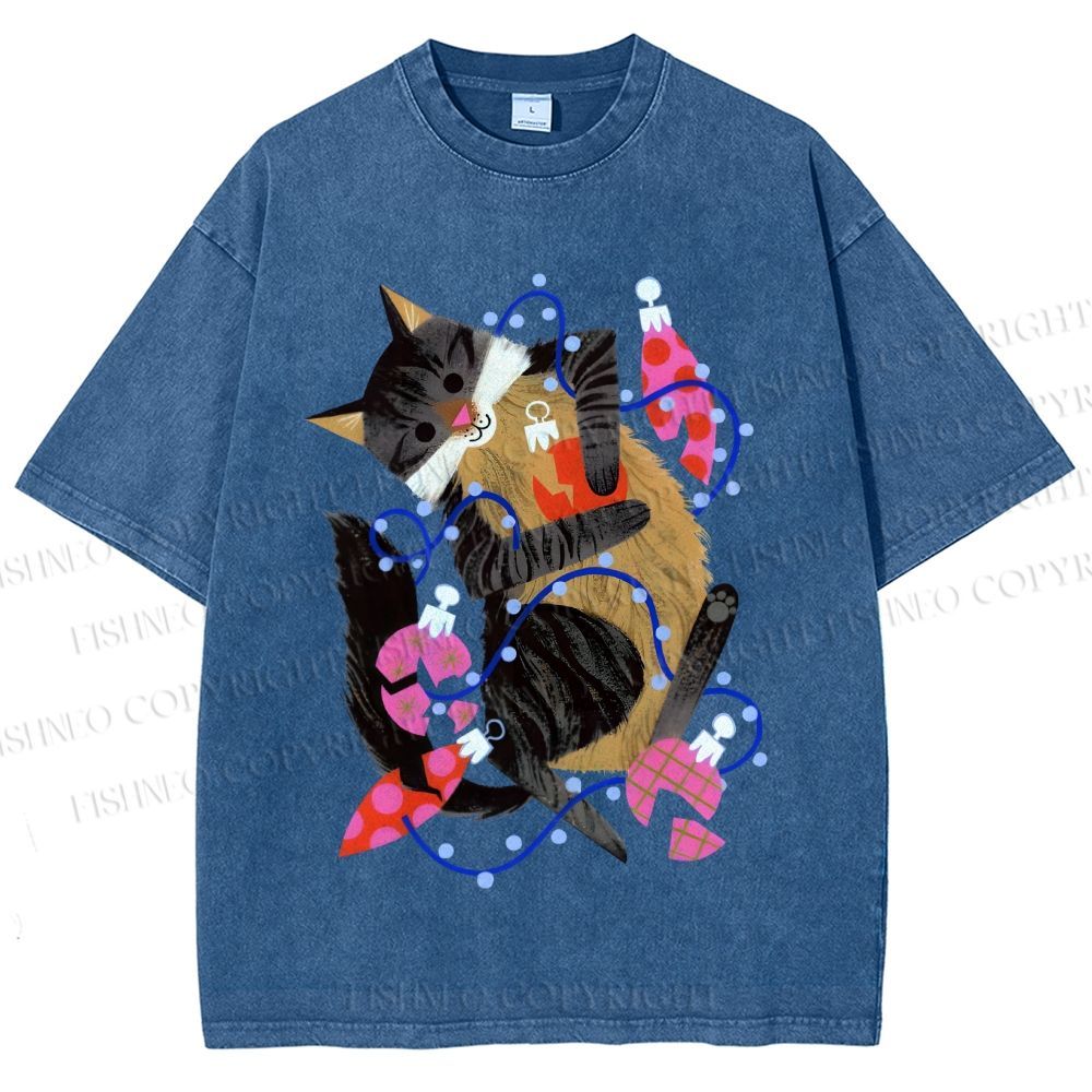 Unisex Cat Wrapped in Christmas Lights Printed Washed Tee