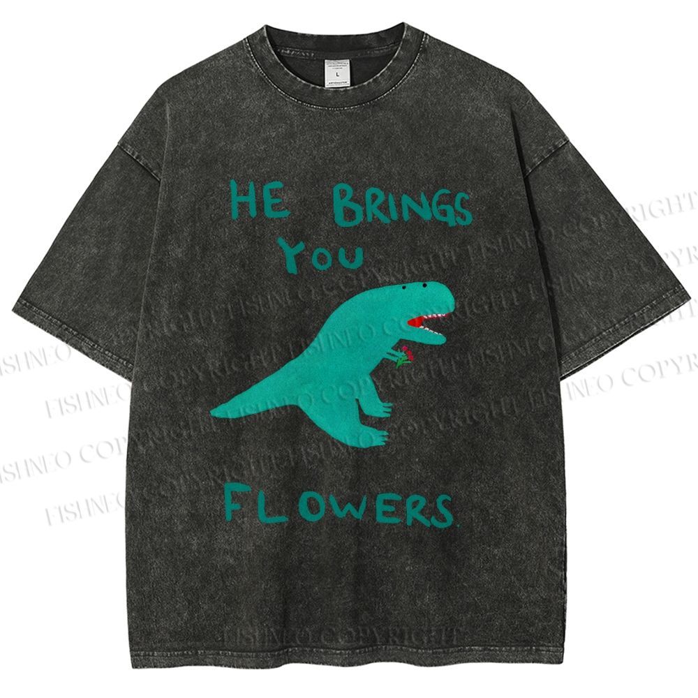 Unisex Silly Dinosaur Brings You Some Flowers Printed Washed Tee