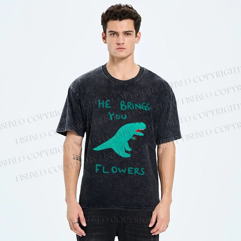 Unisex Silly Dinosaur Brings You Some Flowers Printed Washed Tee