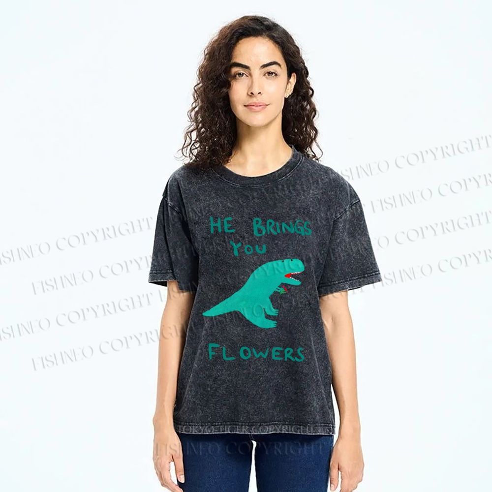 Unisex Silly Dinosaur Brings You Some Flowers Printed Washed Tee