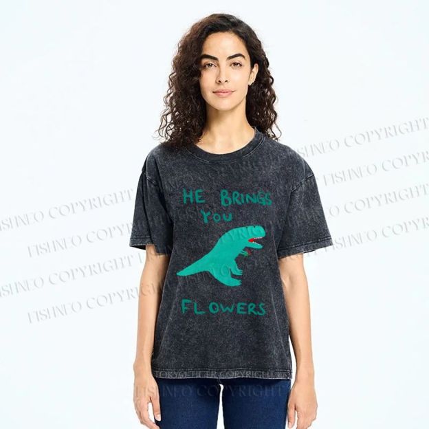 Unisex Silly Dinosaur Brings You Some Flowers Printed Washed Tee