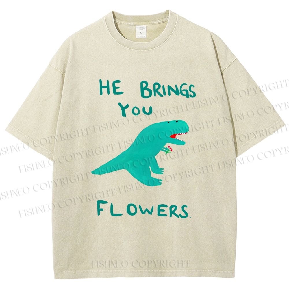 Unisex Silly Dinosaur Brings You Some Flowers Printed Washed Tee
