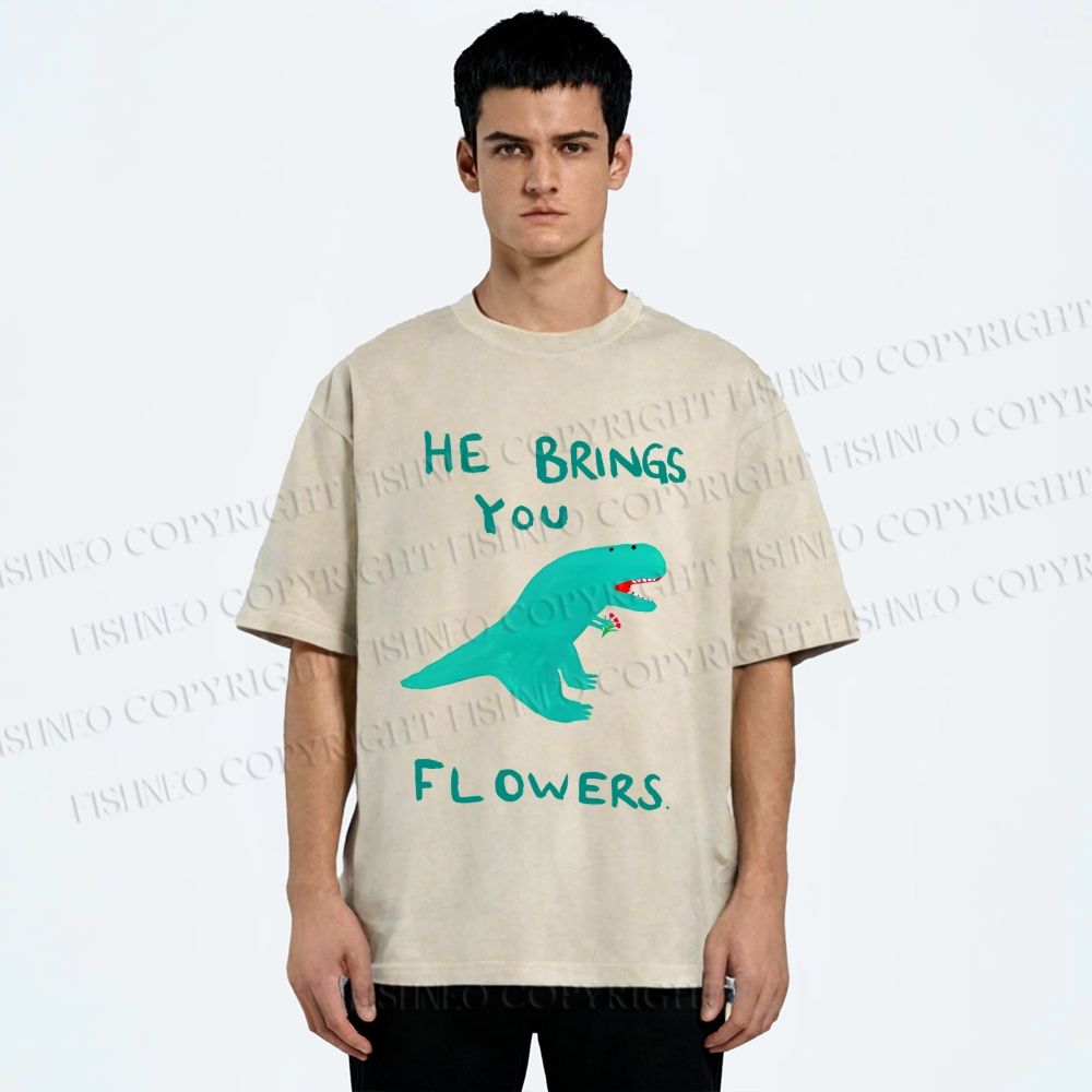 Unisex Silly Dinosaur Brings You Some Flowers Printed Washed Tee