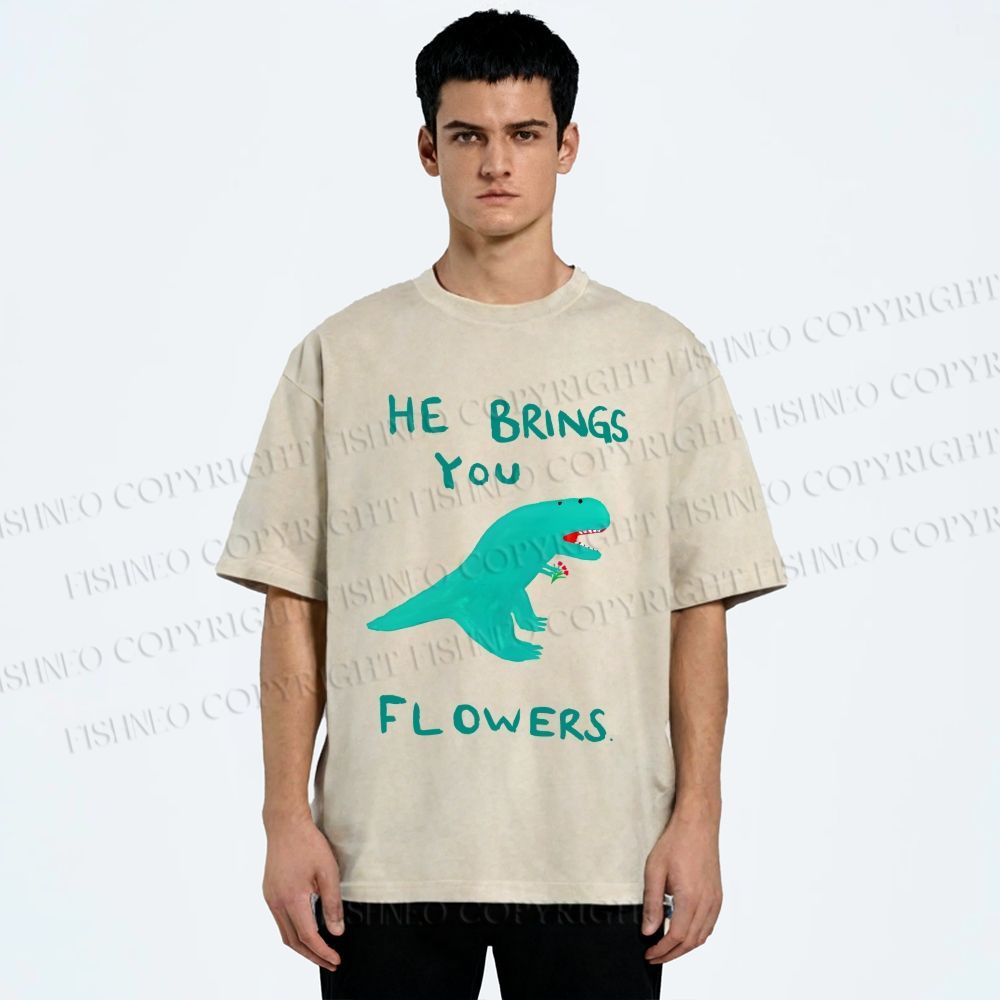 Unisex Silly Dinosaur Brings You Some Flowers Printed Washed Tee