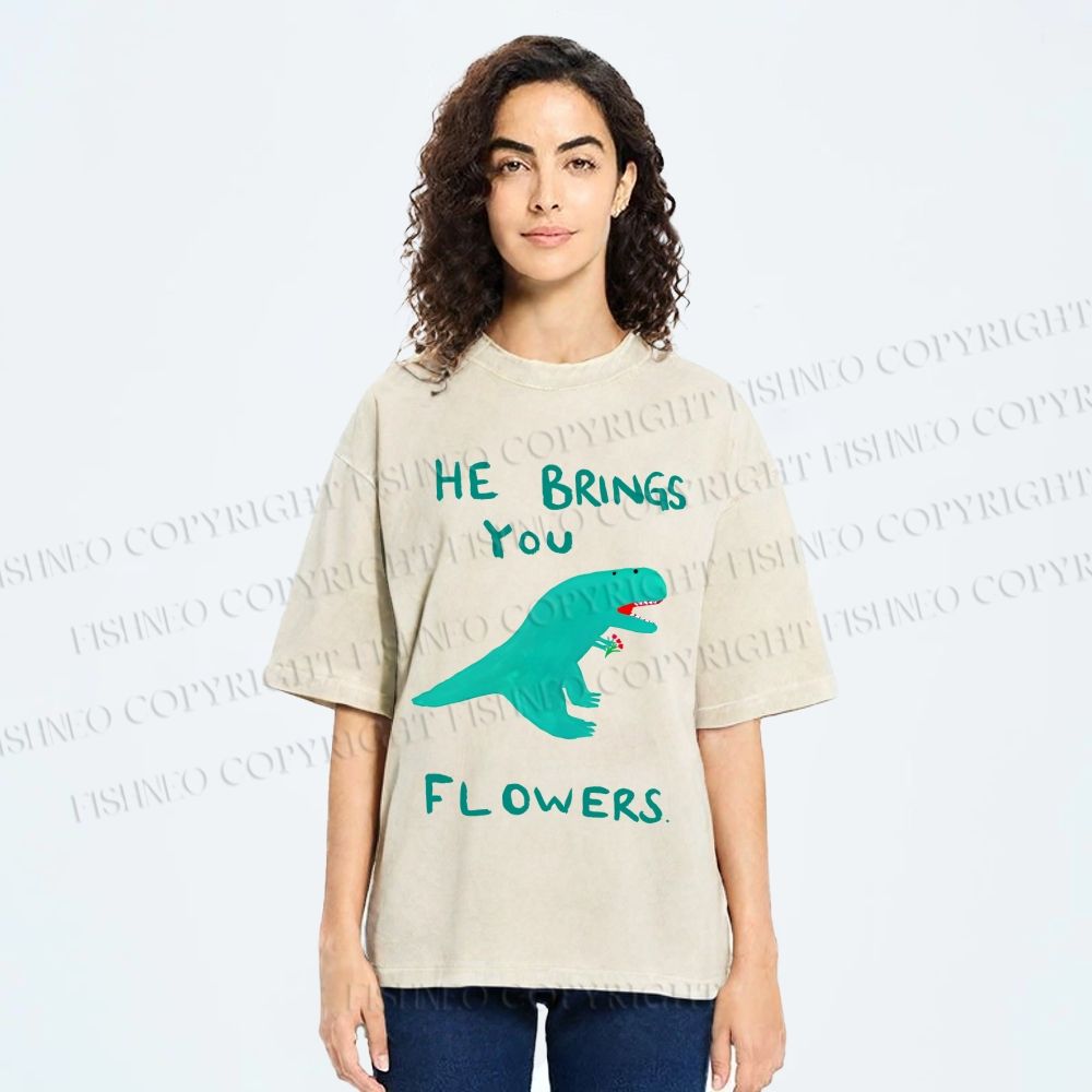 Unisex Silly Dinosaur Brings You Some Flowers Printed Washed Tee