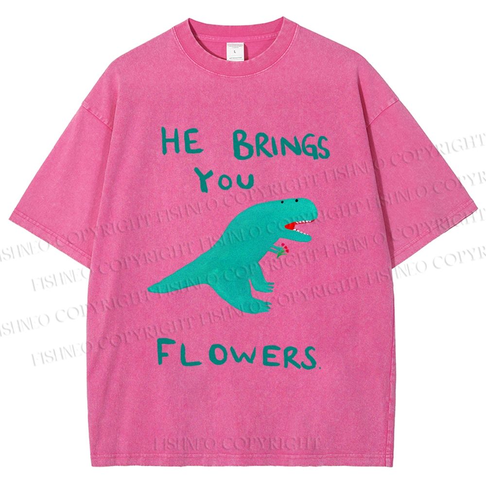 Unisex Silly Dinosaur Brings You Some Flowers Printed Washed Tee