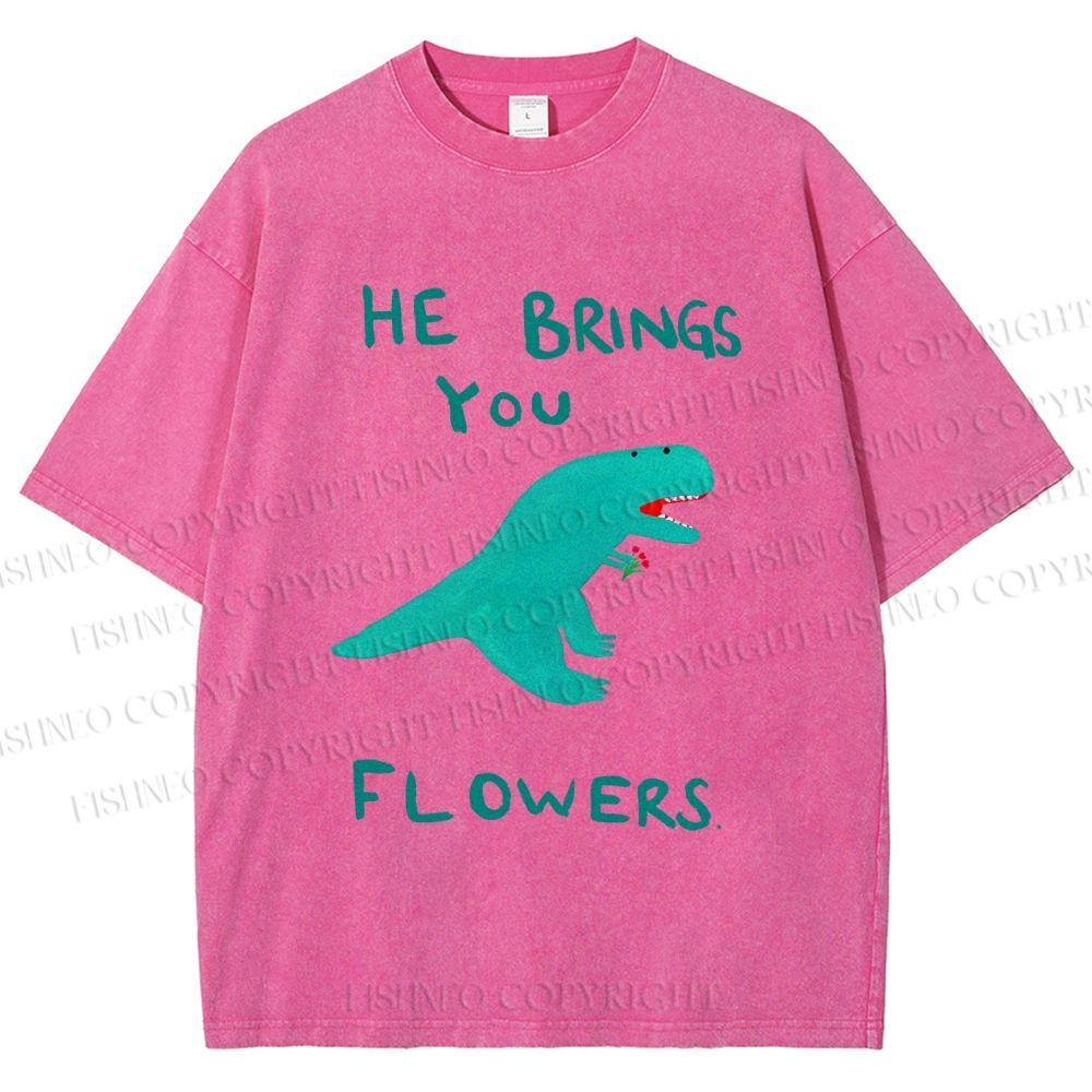 Unisex Silly Dinosaur Brings You Some Flowers Printed Washed Tee