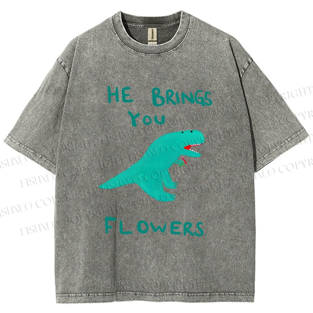 Unisex Silly Dinosaur Brings You Some Flowers Printed Washed Tee