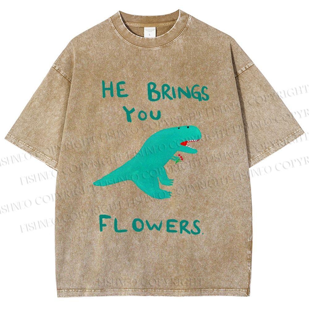 Unisex Silly Dinosaur Brings You Some Flowers Printed Washed Tee