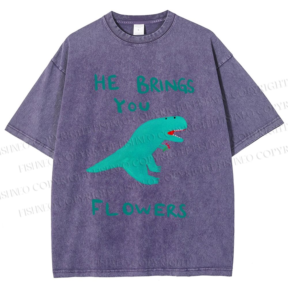 Unisex Silly Dinosaur Brings You Some Flowers Printed Washed Tee