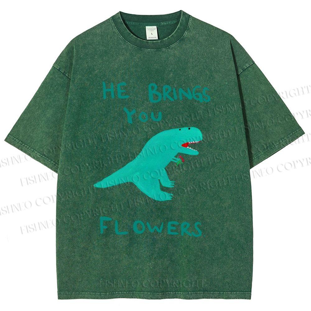 Unisex Silly Dinosaur Brings You Some Flowers Printed Washed Tee