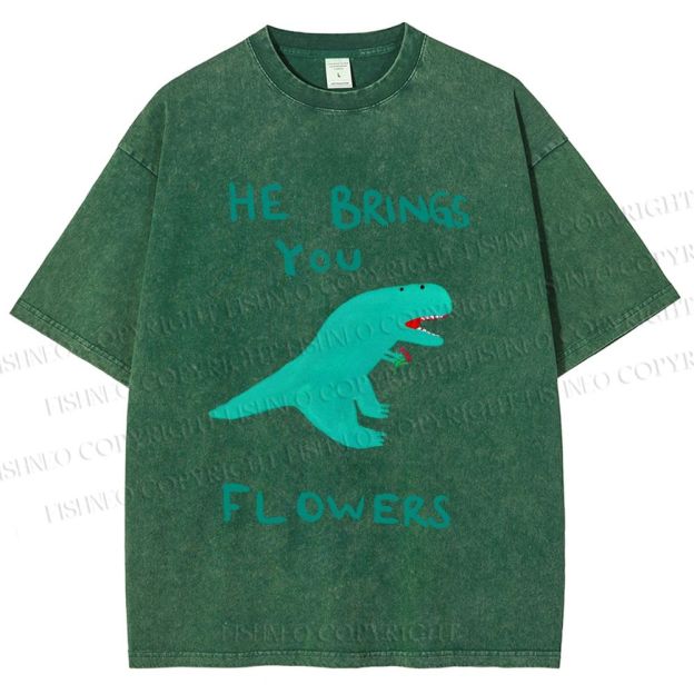 Unisex Silly Dinosaur Brings You Some Flowers Printed Washed Tee