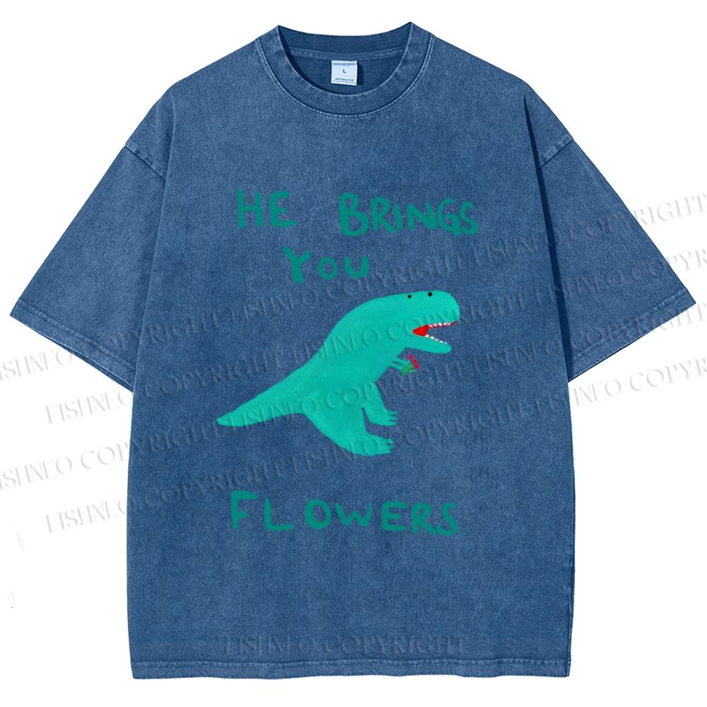 Unisex Silly Dinosaur Brings You Some Flowers Printed Washed Tee
