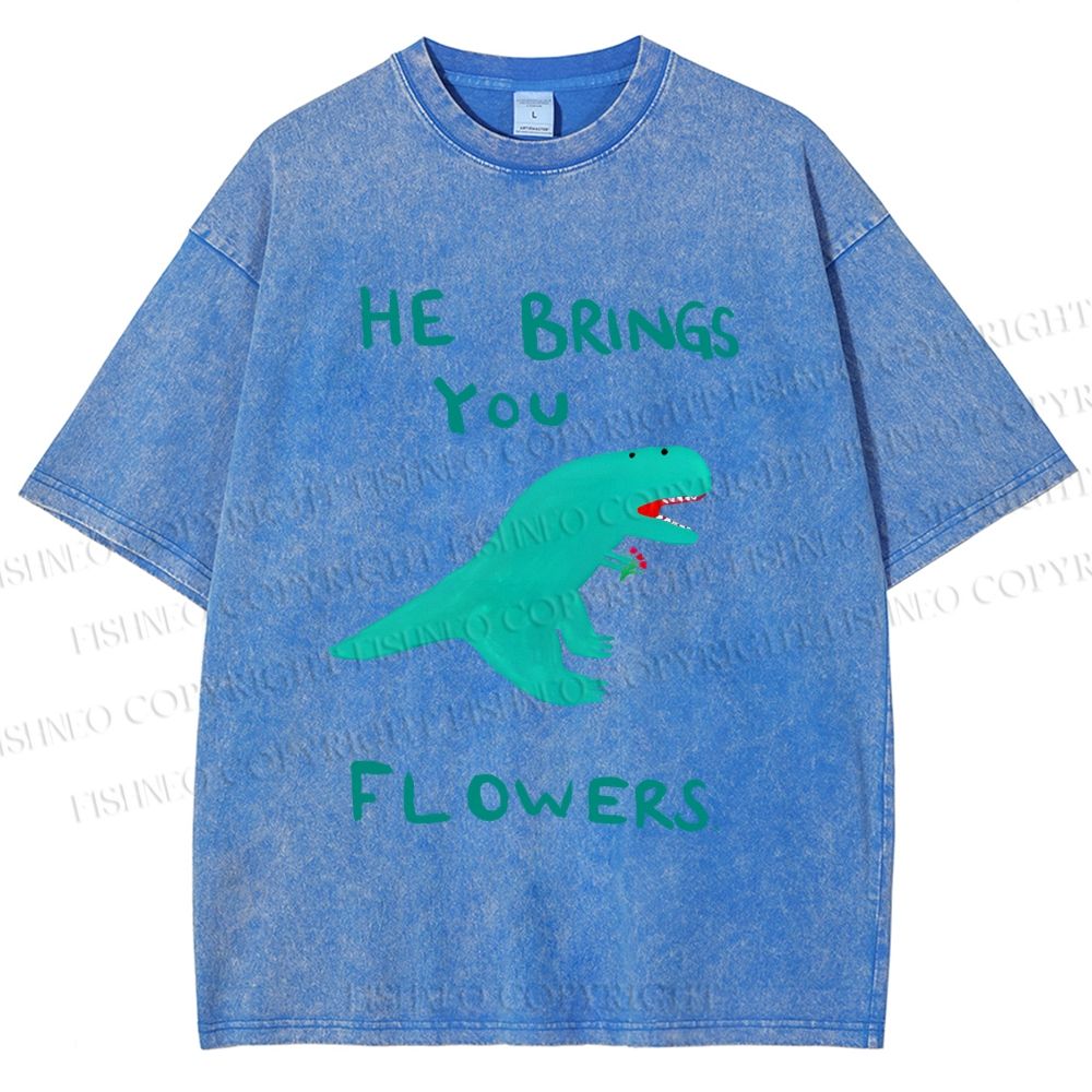 Unisex Silly Dinosaur Brings You Some Flowers Printed Washed Tee