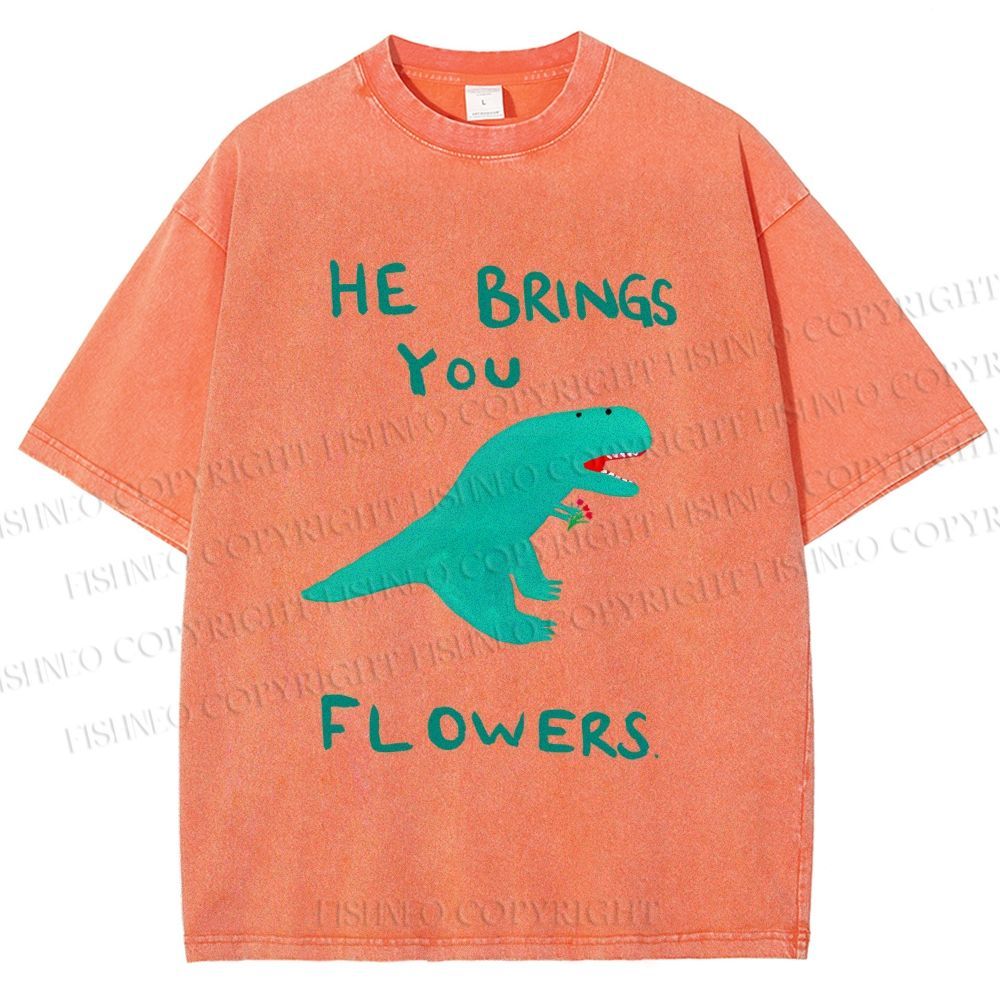 Unisex Silly Dinosaur Brings You Some Flowers Printed Washed Tee