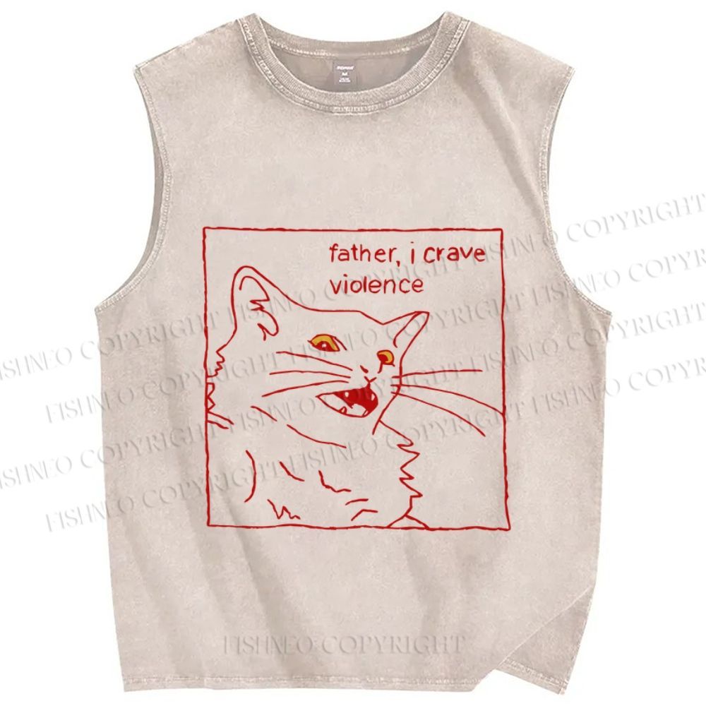 Unisex Evil Cat Crave Violence Printed Washed Tank Top