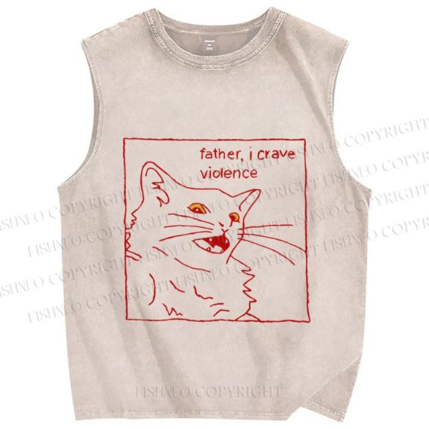 Unisex Evil Cat Crave Violence Printed Washed Tank Top