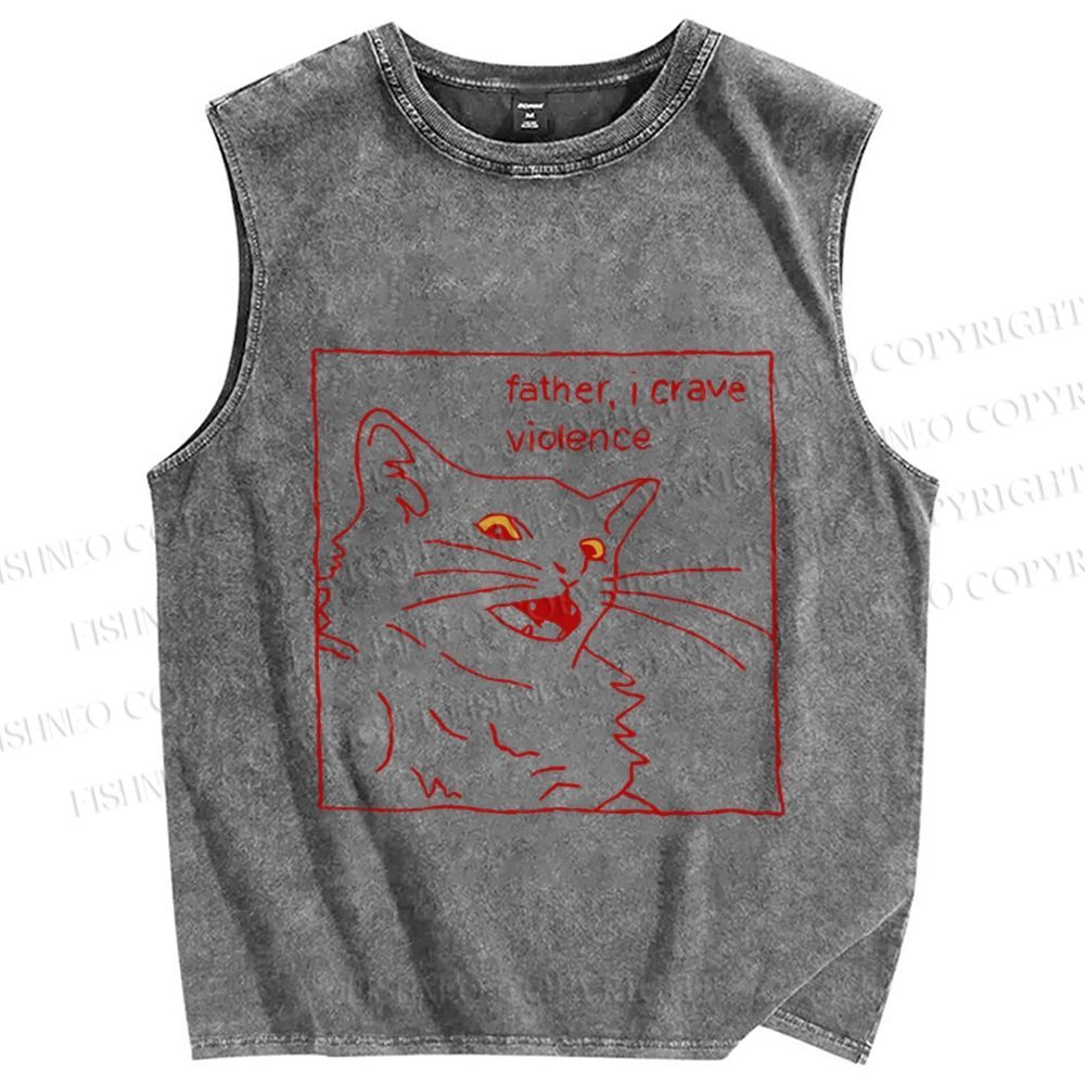 Unisex Evil Cat Crave Violence Printed Washed Tank Top