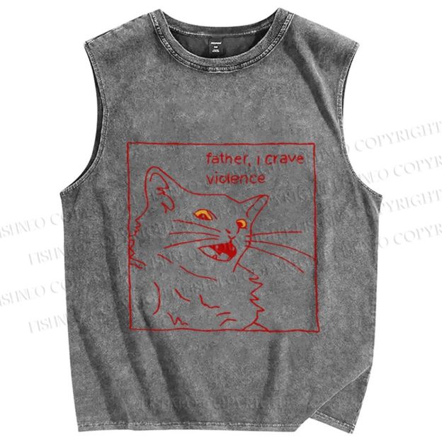 Unisex Evil Cat Crave Violence Printed Washed Tank Top