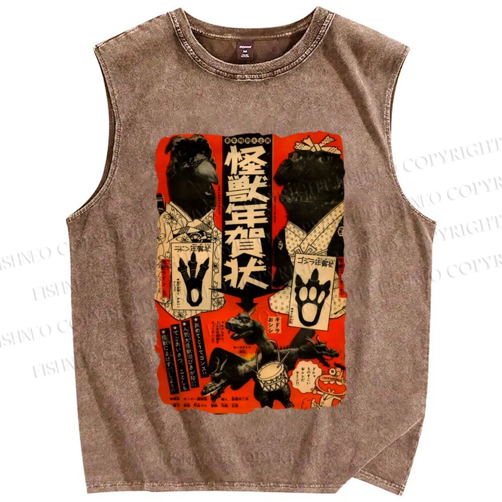 Unisex Vintage Godzilla Monster Poster Japanese Printed Washed Tank Top
