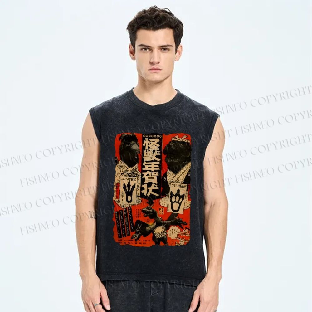 Unisex Vintage Godzilla Monster Poster Japanese Printed Washed Tank Top