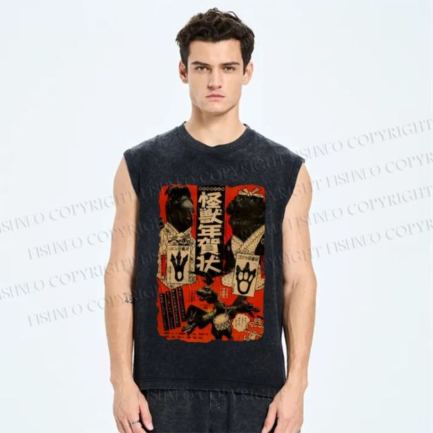 Unisex Vintage Godzilla Monster Poster Japanese Printed Washed Tank Top