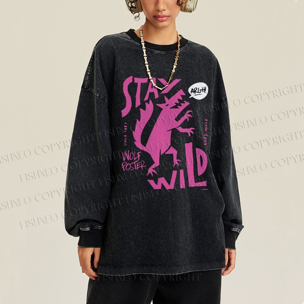 Unisex Dancing Wolf Stay Wild Casual Washed Printed Long Sleeve T-shirt