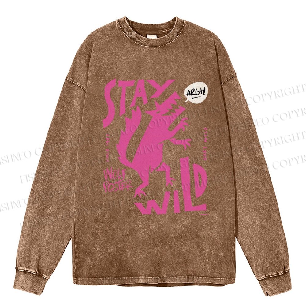 Unisex Dancing Wolf Stay Wild Casual Washed Printed Long Sleeve T-shirt