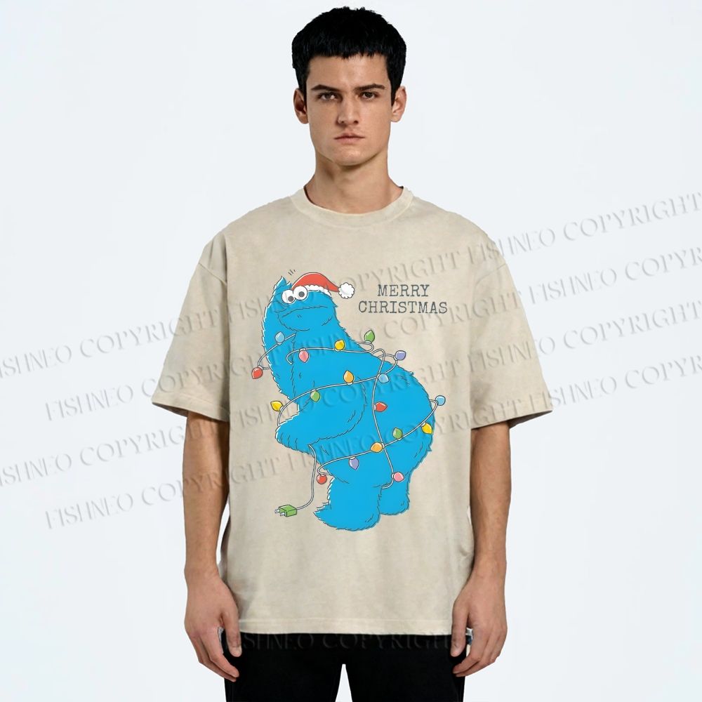 Unisex Cookie Monster Christmas Lights Printed Washed Tee