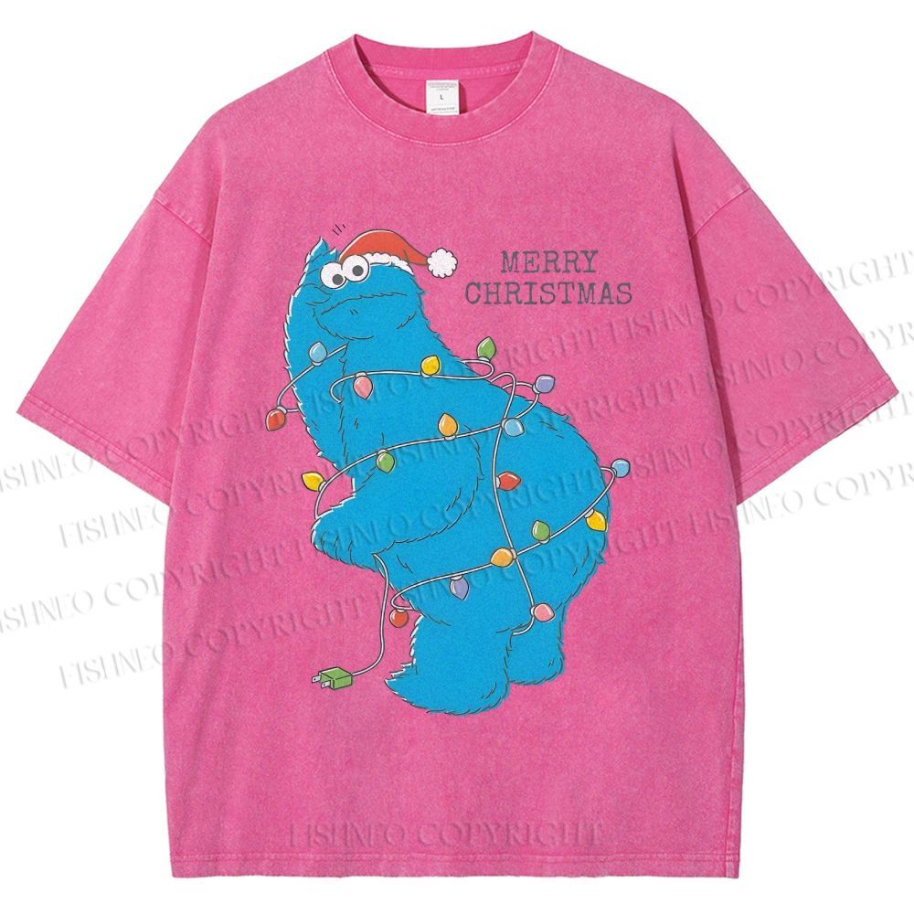 Unisex Cookie Monster Christmas Lights Printed Washed Tee