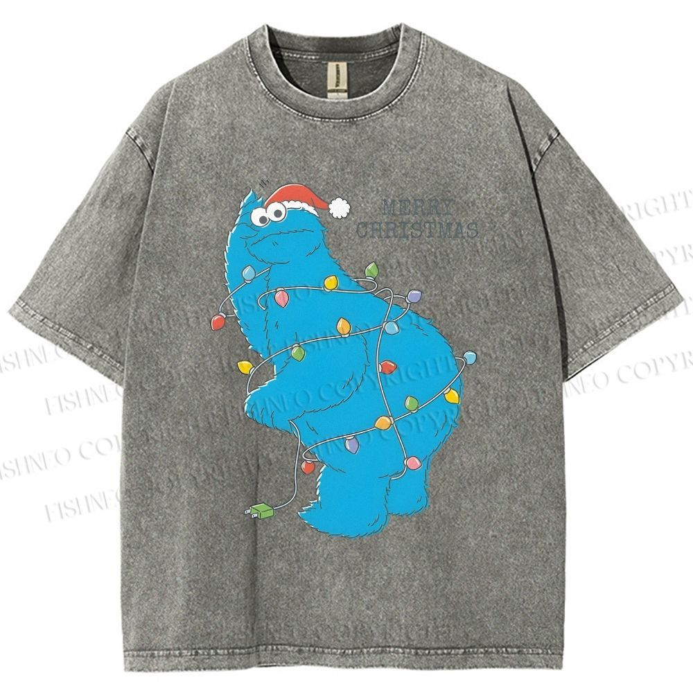 Unisex Cookie Monster Christmas Lights Printed Washed Tee