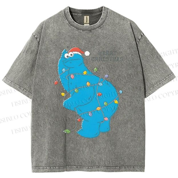 Unisex Cookie Monster Christmas Lights Printed Washed Tee