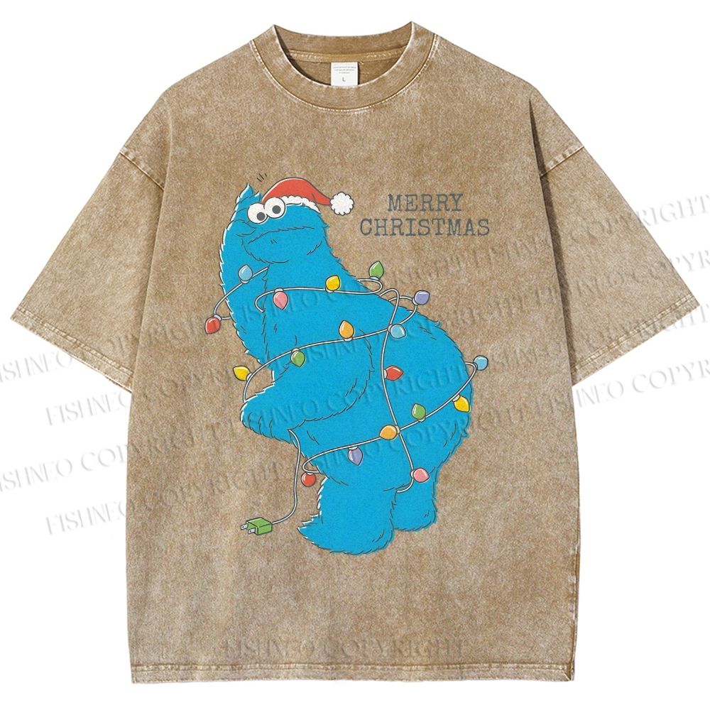 Unisex Cookie Monster Christmas Lights Printed Washed Tee