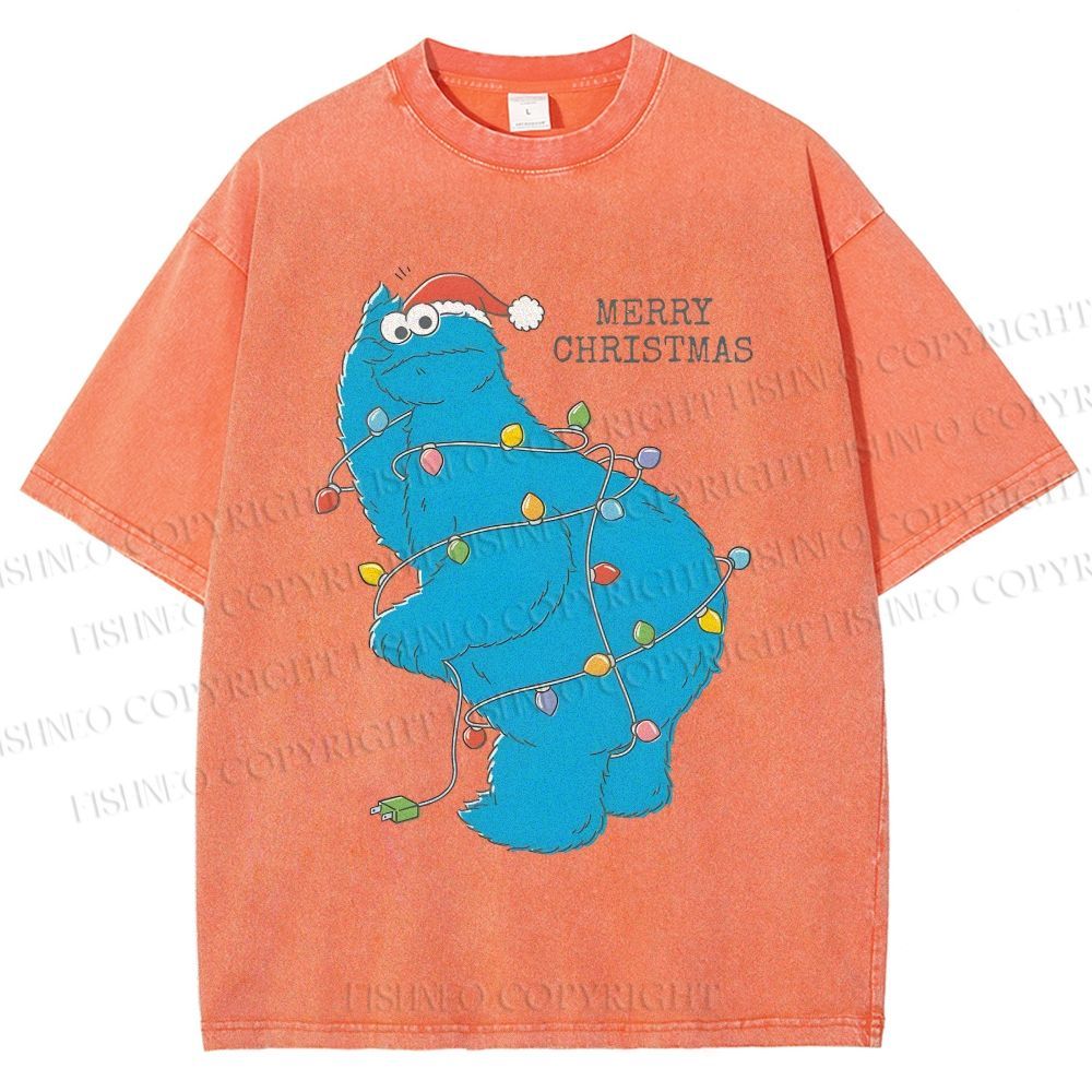 Unisex Cookie Monster Christmas Lights Printed Washed Tee