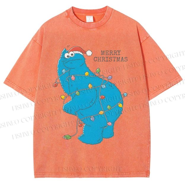 Unisex Cookie Monster Christmas Lights Printed Washed Tee