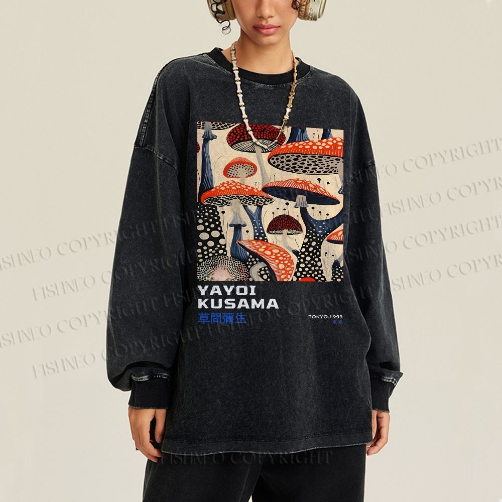 Unisex Casual Washed Yayoi Kusama Mushroom Vintage Japanese Printed Long Sleeve T-shirt