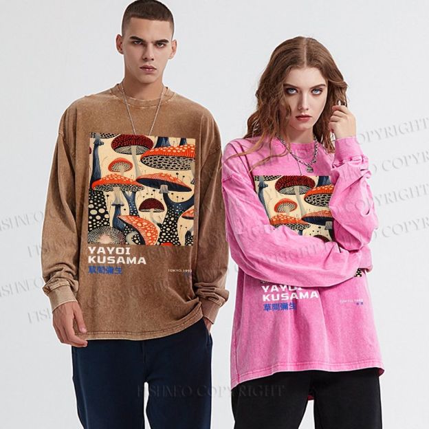 Unisex Casual Washed Yayoi Kusama Mushroom Vintage Japanese Printed Long Sleeve T-shirt