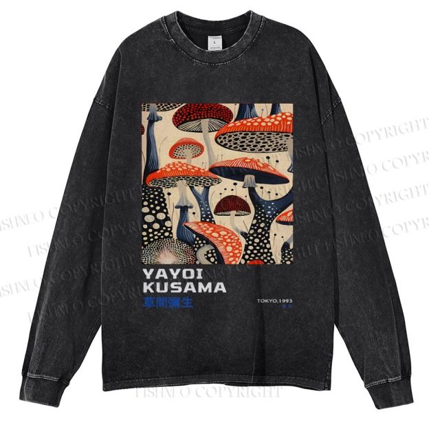 Unisex Casual Washed Yayoi Kusama Mushroom Vintage Japanese Printed Long Sleeve T-shirt