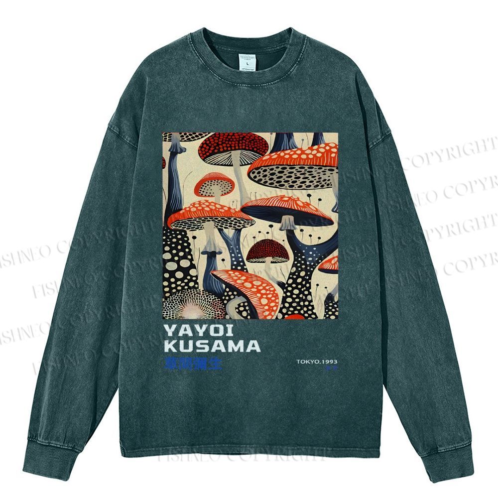Unisex Casual Washed Yayoi Kusama Mushroom Vintage Japanese Printed Long Sleeve T-shirt
