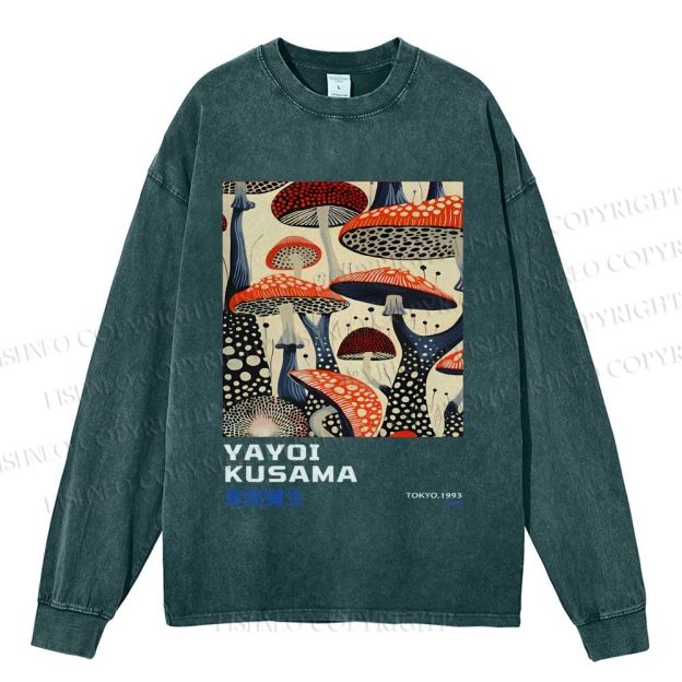 Unisex Casual Washed Yayoi Kusama Mushroom Vintage Japanese Printed Long Sleeve T-shirt