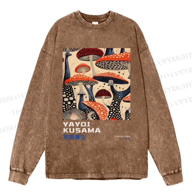 Unisex Casual Washed Yayoi Kusama Mushroom Vintage Japanese Printed Long Sleeve T-shirt