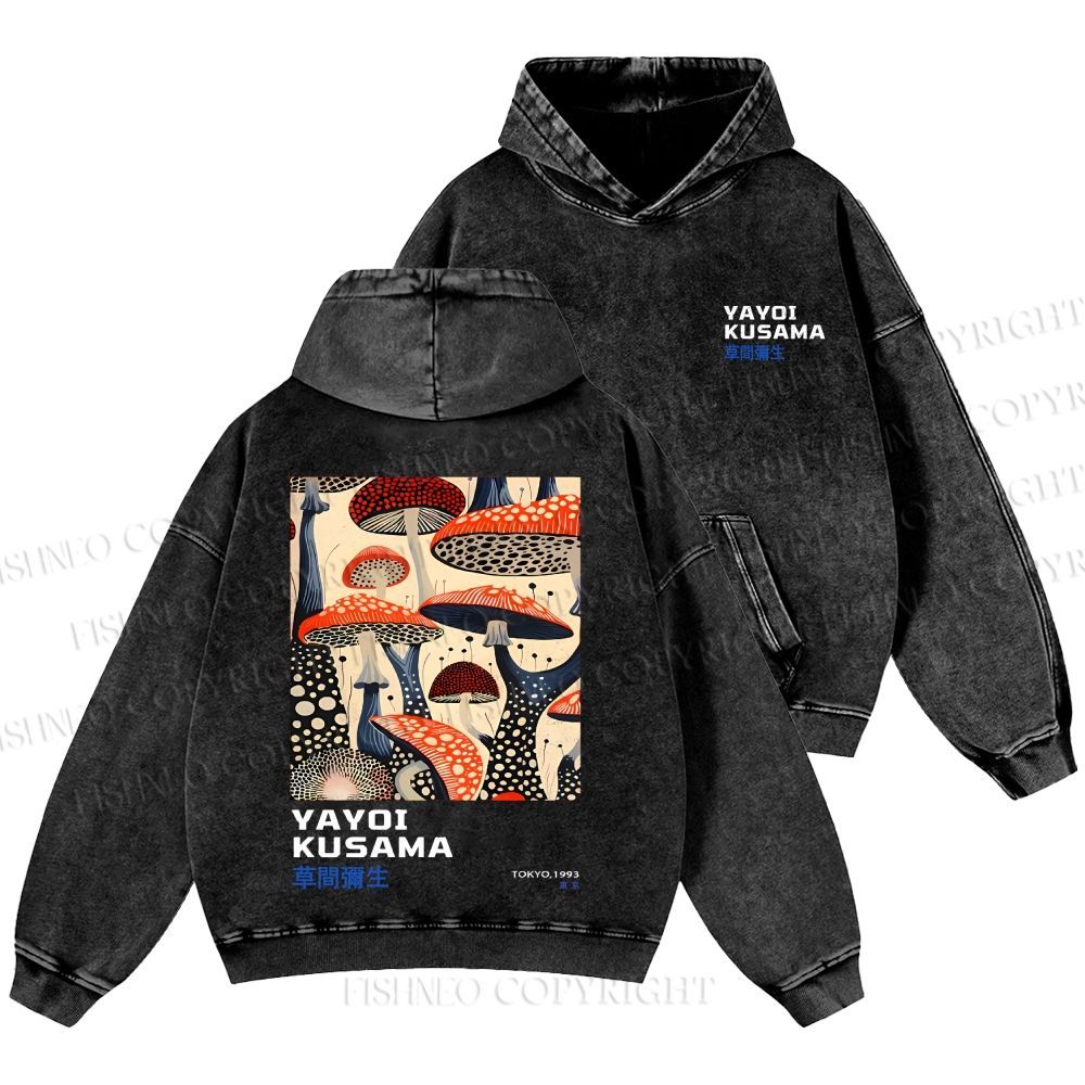 Unisex Casual Yayoi Kusama Mushroom Vintage Japanese Printed Double-sided Washed Hoodie