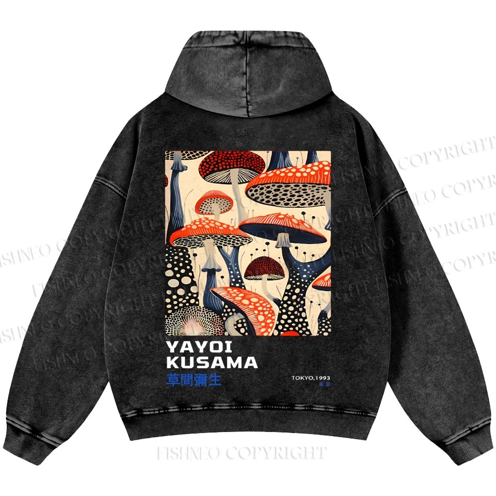 Unisex Casual Yayoi Kusama Mushroom Vintage Japanese Printed Double-sided Washed Hoodie